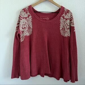 We the Free Free People Thermal Red Cream Long Sleeve Boho Small